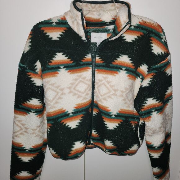 Love Tree Sz MED Aztec Sherpa Teddy Fleece Top Full Zip Cropped Jacket Western - Picture 1 of 12